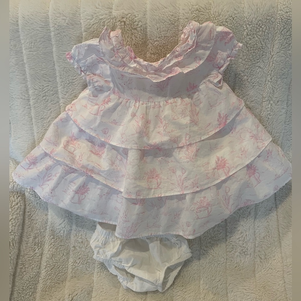 Janie and Jack bunny spring floral Pink and White dress with bloomers.